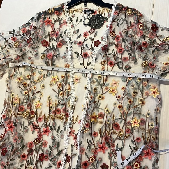 NWT-vivid-3X-embroidered flowers & ladybugs,mesh, kimono cardigan/swim cover-up. - Picture 13 of 14